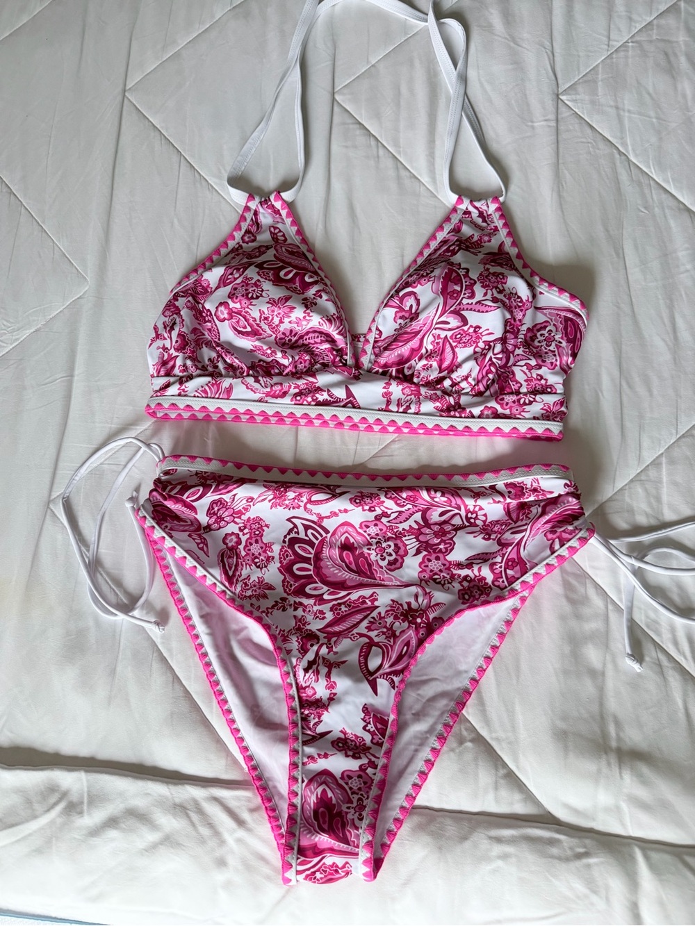 SHEIN White and Pink Paisley Triangle Bikini Set